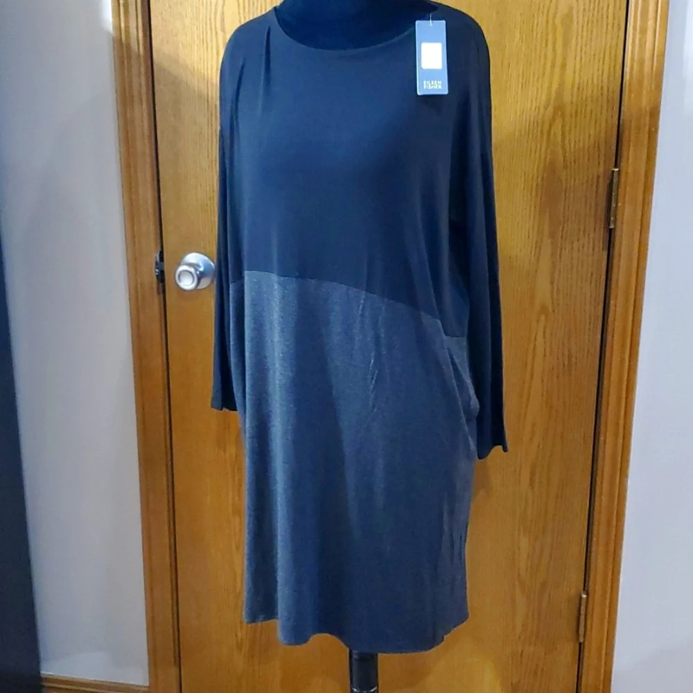 Eileen fisher black grey ballet knit long sleeve comfort dress oversized